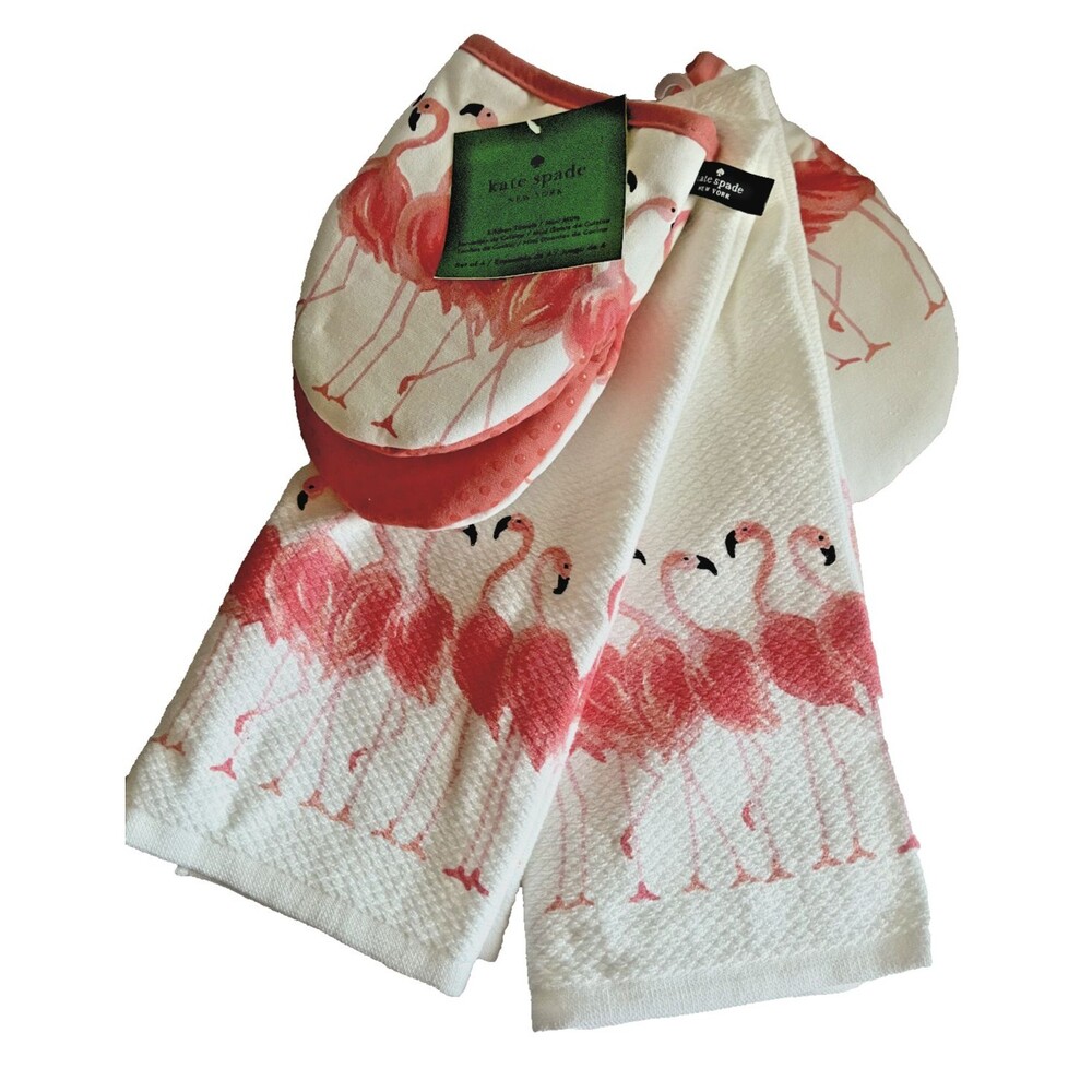 Kate Spade Flamingos Kitchen Dish Towels Mini Oven Mitts Set Pink Cotton 4 Piece